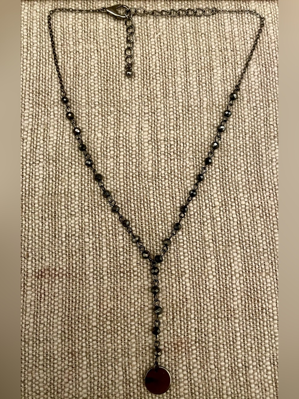 Delicate Black Beaded Y‑Necklace with Circular Pendant